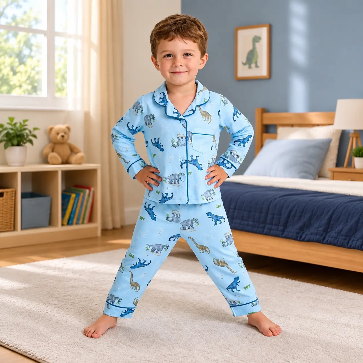 Kaka Here Boys' Graphic Polyester Pajama Lounge Set, 2-Piece Soft Casual Long Sleeve Button-Front Top & Matching Long Pants, Sizes 90-130