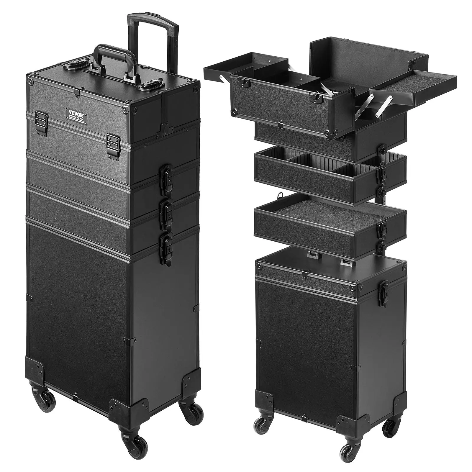 【Backtoschool】VEVOR 5 in 1 Professional Makeup Train Case Aluminum Cosmetic Case, Rolling Makeup Case Extra Large Trolley Makeup Travel Organizer, with 360° Swivel Wheels & Adjustable Pull Rod, Black
