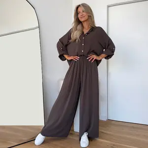 Joyfunear Women's Button Down Shirt & Wide Leg Pants Loungewear Set 2pcs Drop Shoulder summer women set long Pants