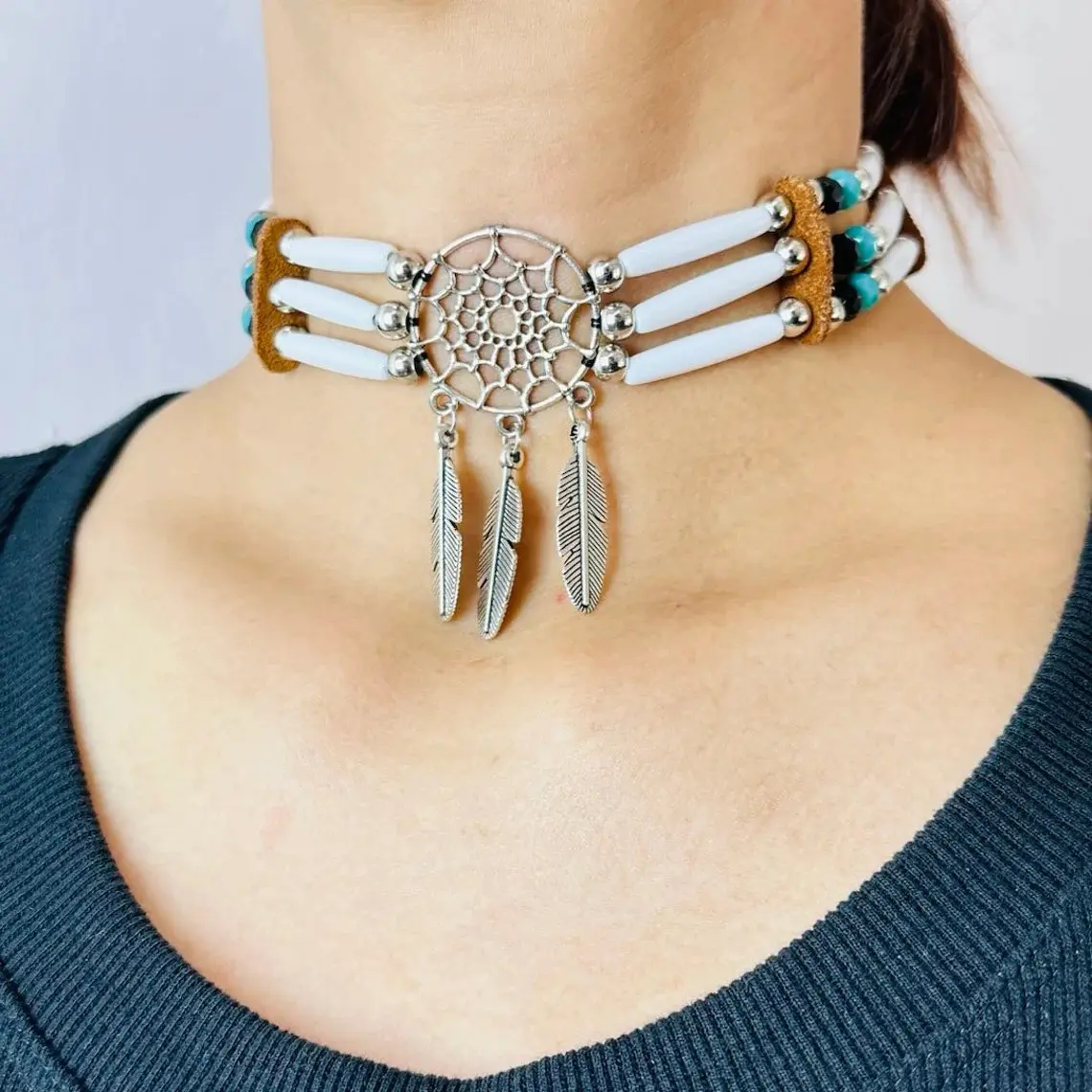 Handmade Dreamcatcher Tribal Choker Necklace – Native American Inspired Jewelry