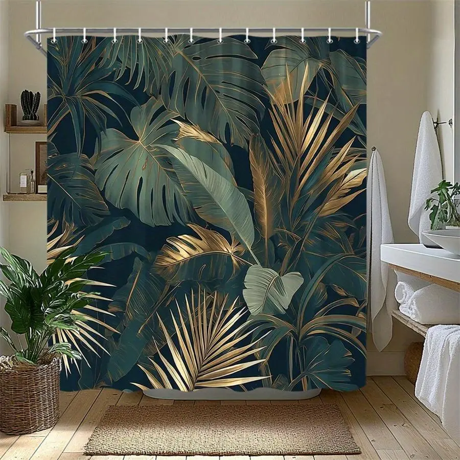 Tropical Retro Bathroom Curtain, Large Vibrant Green Monstera & Palm Leaves, Golden Metallic Accents, Dark Green Backdrop, Stain-Resistant, Fade-Resistant, Dustproof, Durable Home Supply, Bathroom Decoration Room Accessories