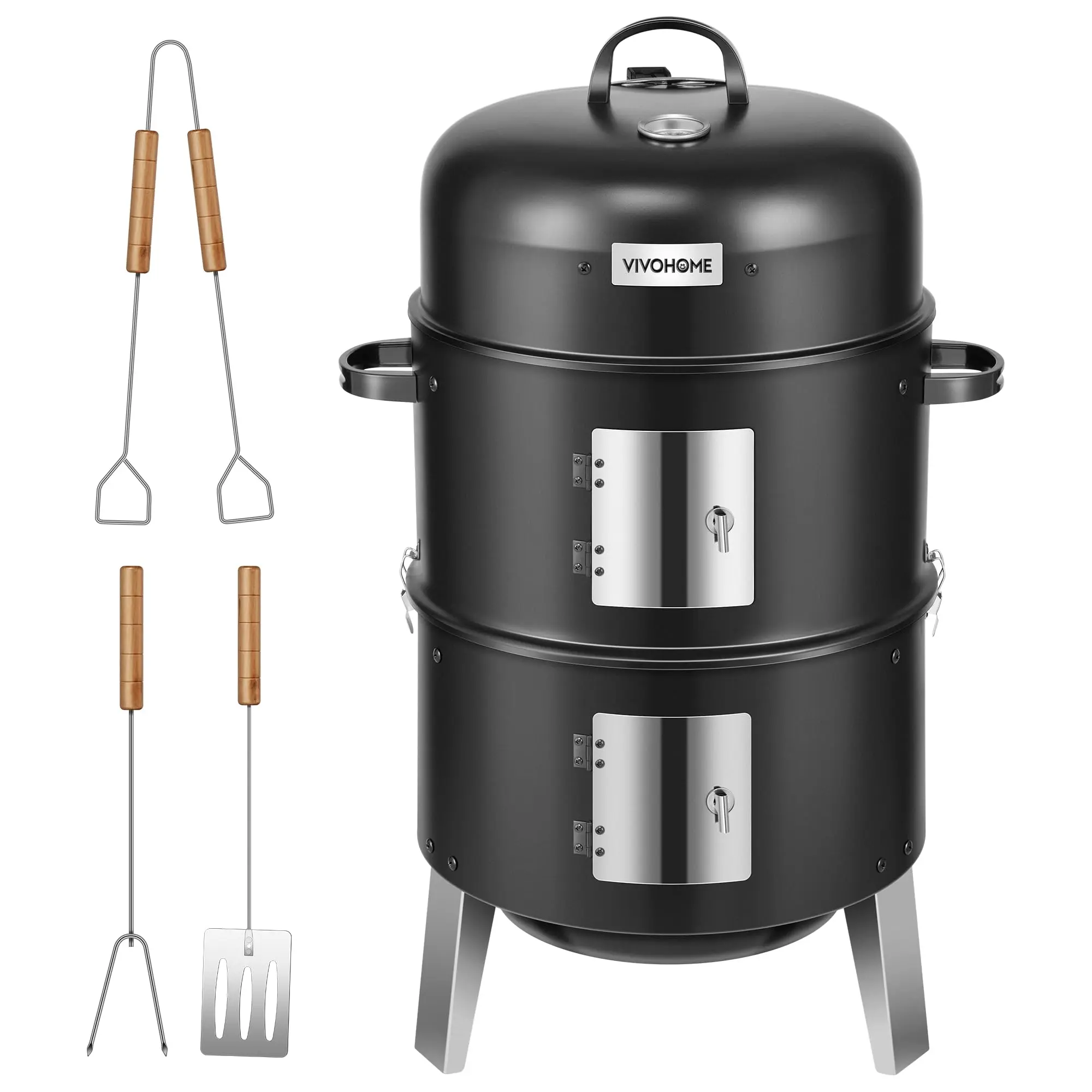 VIVOHOME 3-in-1 Vertical Charcoal Smoker, BBQ Smoker Grill with Built-in Thermometer, Air Vent, and 2 Access Doors, Idea for Parties, Backyard, Barbecues