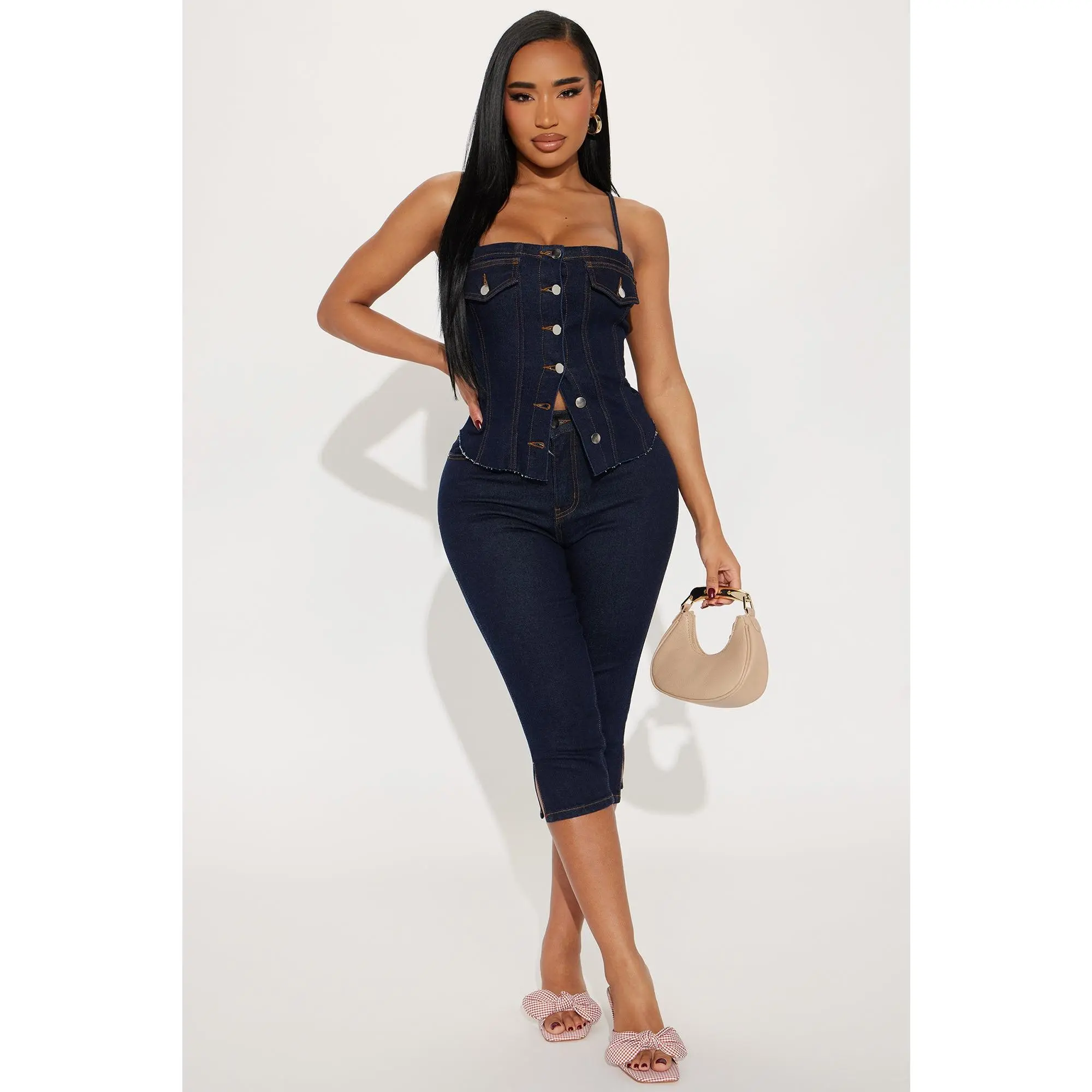 Nora Denim Capri Set - Dark Wash