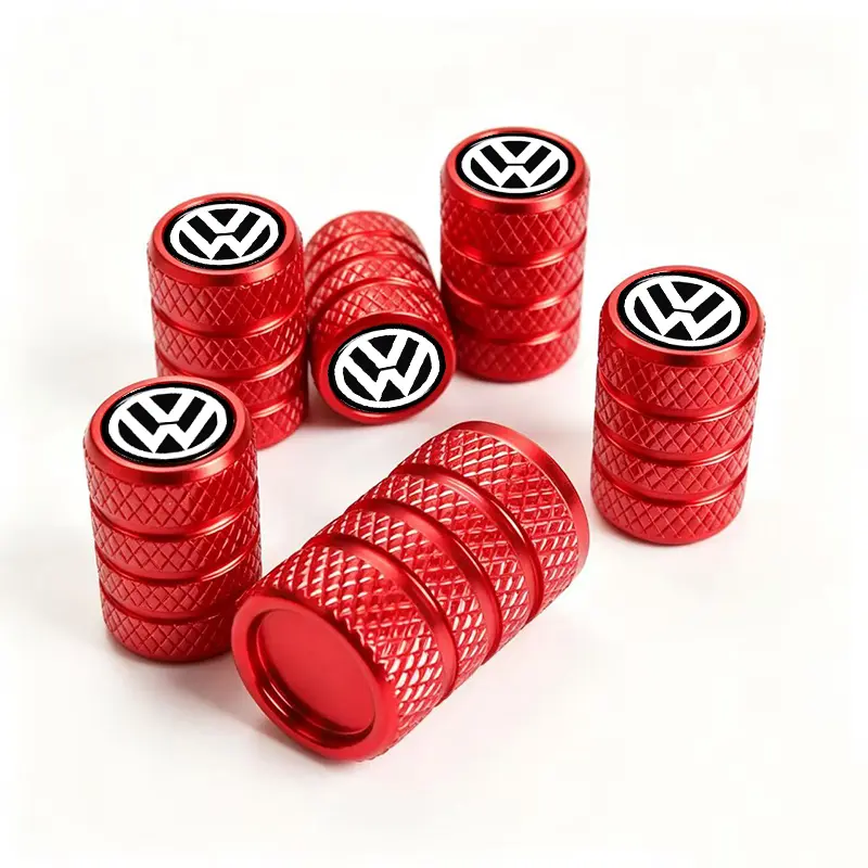 5-Pack Red & Black Metal Alloy VW Logo Tire Valve Caps For VW Golf GTI Etc., Premium Alum. Aluminum Dust-Proof Seal, Corrosion-Resistant Tire Protection Wheel Covers, Easy Installation For VW Models
