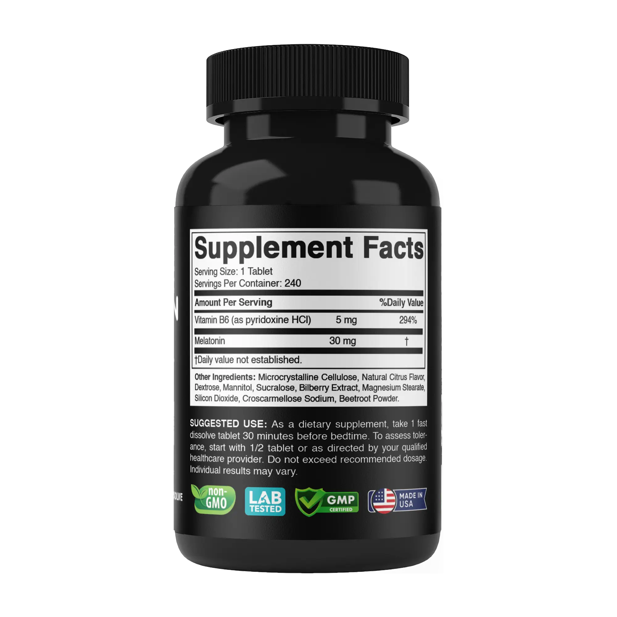 Vitabod Melatonin 30mg with Vitamin B6 Fast Dissolving Tablets - 240 Count, Citrus Flavor, High-Potency Natural Sleep Support, Drug-Free, Vegetarian, Non-GMO, Gluten/Sugar/Dairy-Free, All Ages Dietary Supplement