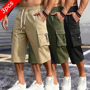 3-pack Men’s Summer Lightweight Cargo Shorts — Stiffened Fabric for Structure, Breathable, Mid-Thigh Length, Drawstring Cuffs, Multiple Pockets, Loose Streetwear Style