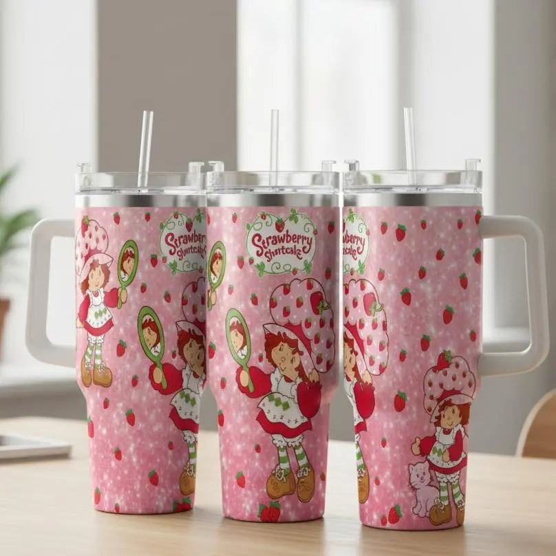 Strawberry Shortcake Insulated Stainless Steel Auto Tumbler Flask - 40oz/30oz/20oz Cute Strawberry Print, Double Wall, BPA/Lead-Free, Durable, Portable Plastic Lid Drink Bottle for Daily Use, Travel Gifts