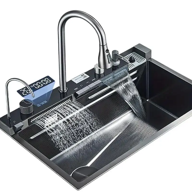 1 Set Digital Display Waterfall Sink Single Bowl Kitchen Sinks - Stainless Steel Bar Sink With Pull Down Sprayhead Faucet, Smart Modern Kitchen Sink With Full Set Of Accessories, Gun Gray&Brushed Golden