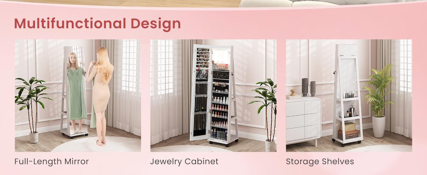 COSTWAY Jewelry Cabinet with Wheels, 64" H Full Length Mirror, 3-Color LED Lights, Height Adjustable Shelves, Lockable Standing Jewelry Organizer Armoire with Back Storage Shelves -costst