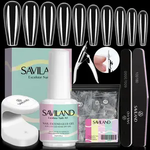 SAVILAND Nail Kit for Beginners: Complete Nail Starter Kit with Long Coffin Nail Tips, 4-in-1 Nail Glue Gel, UV Nail Lamp & Nail Art Tools for DIY Home Manicure Gift for Women