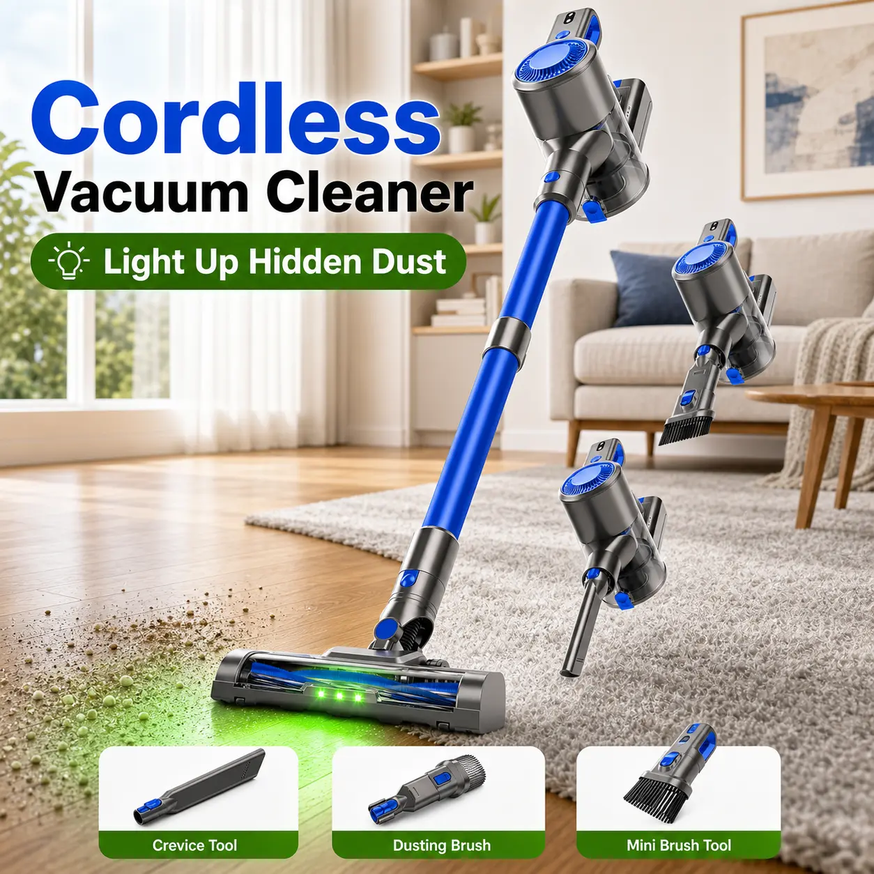 BSNAW Cordless Vacuum Cleaner, 6-in-1 Lightweight Stick Vacuum with Green LED Anti-Tangle Brush, Rechargeable Handheld Vacuum for Pet Hair, Carpet, Hardwood Floors, Crumbs & Dust