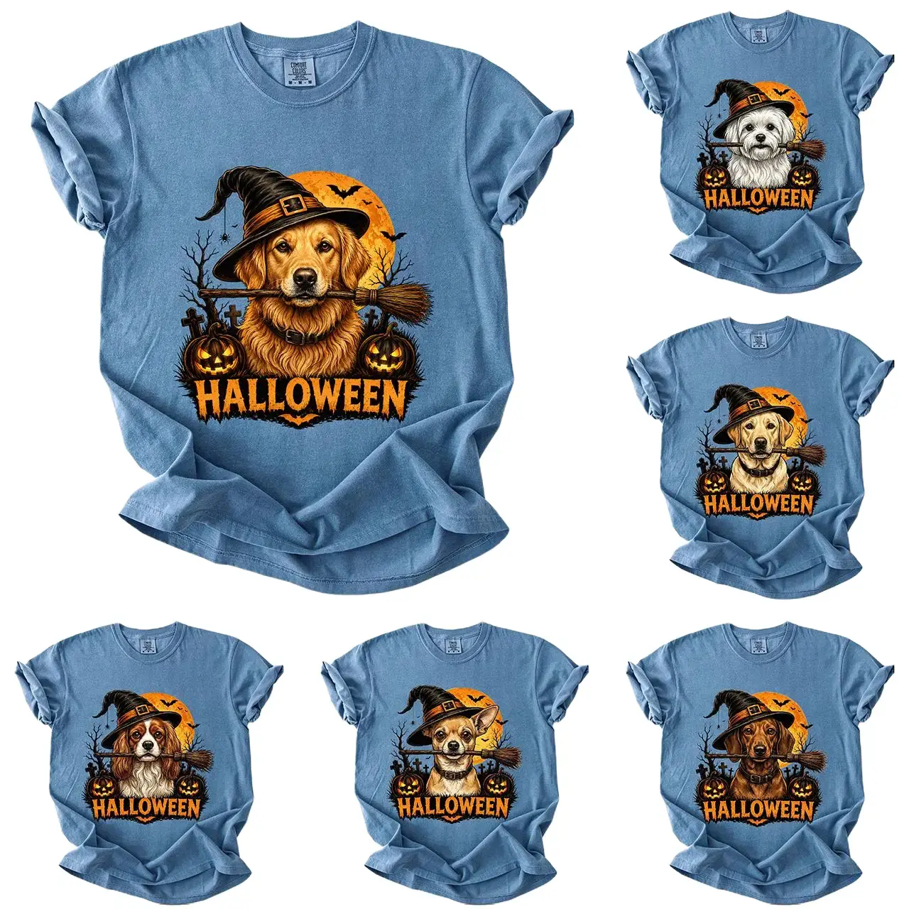Comfort Colors 50+ Dog Breeds Halloween Dog Shirt,  Dog Breeds Available Witch Hat Pumpkin Tee, Golden Retriever Husky Frenchie Dachshund German Shepherd Graphic Shirt, Spooky Dog Mom Dog Lover Gift, Halloween Shirt, Gift for Dog Lovers