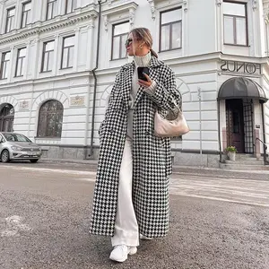 2025AutumnWinterNewWomen'sClothingHoundstoothLongTrenchCoatHigh-endFashionOvercoatBlackandWhiteMatureStyleJacketforWomen