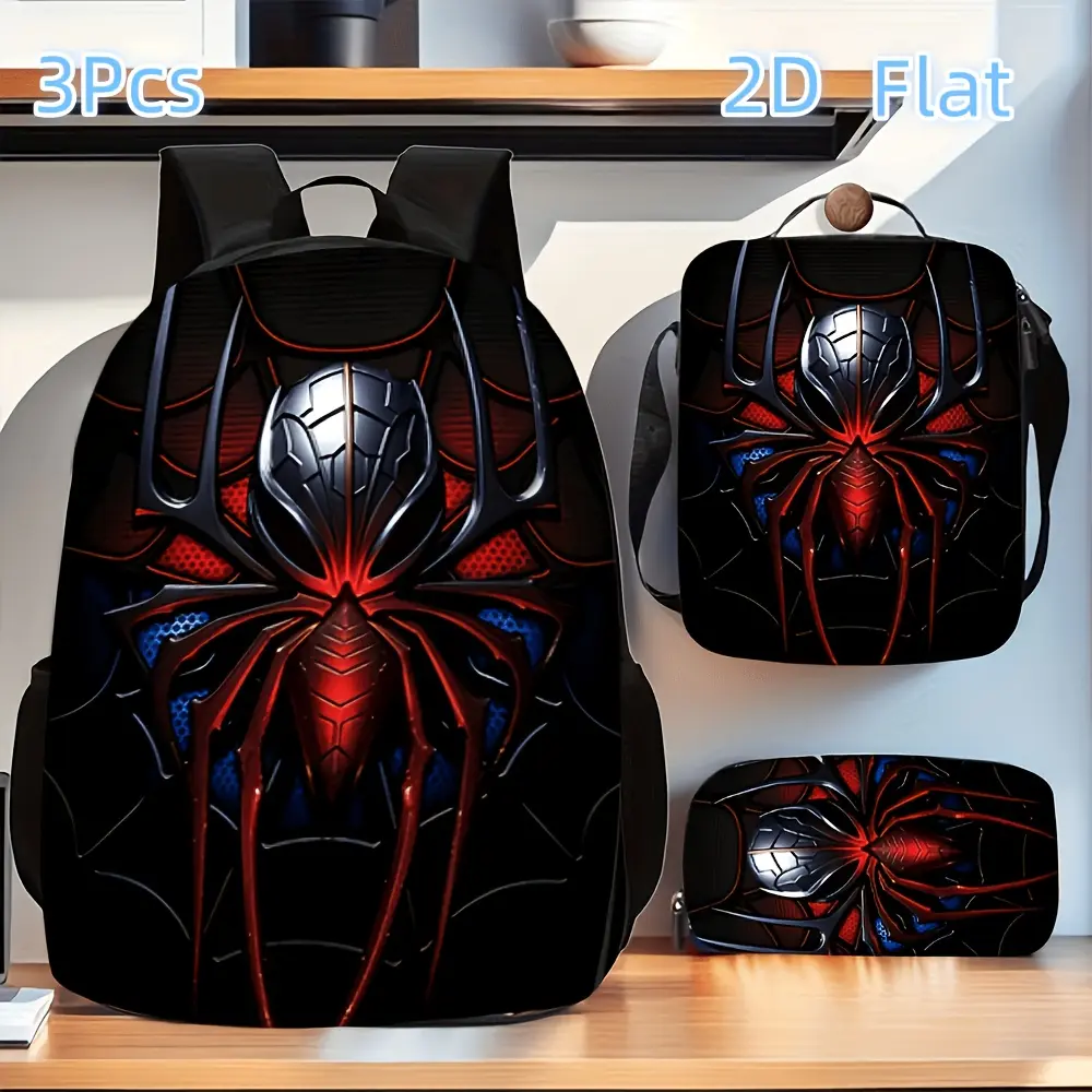 Spider Hero Suit Logo 3-Pieces Backpack Set, Durable 600D Oxford Cloth Kids' Backpack with Adjustable Padded Straps, Webbed Print, Prop 65 Safe for School Travel