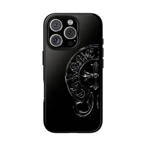 [Gonzales All Day Studio] Gothic Cross Tough Case + FREE GIFT 5-Piece Sticker Set – Silver Chrome Aesthetic Dual Layer Shockproof Cover for iPhone 7 to 17 Pro Max