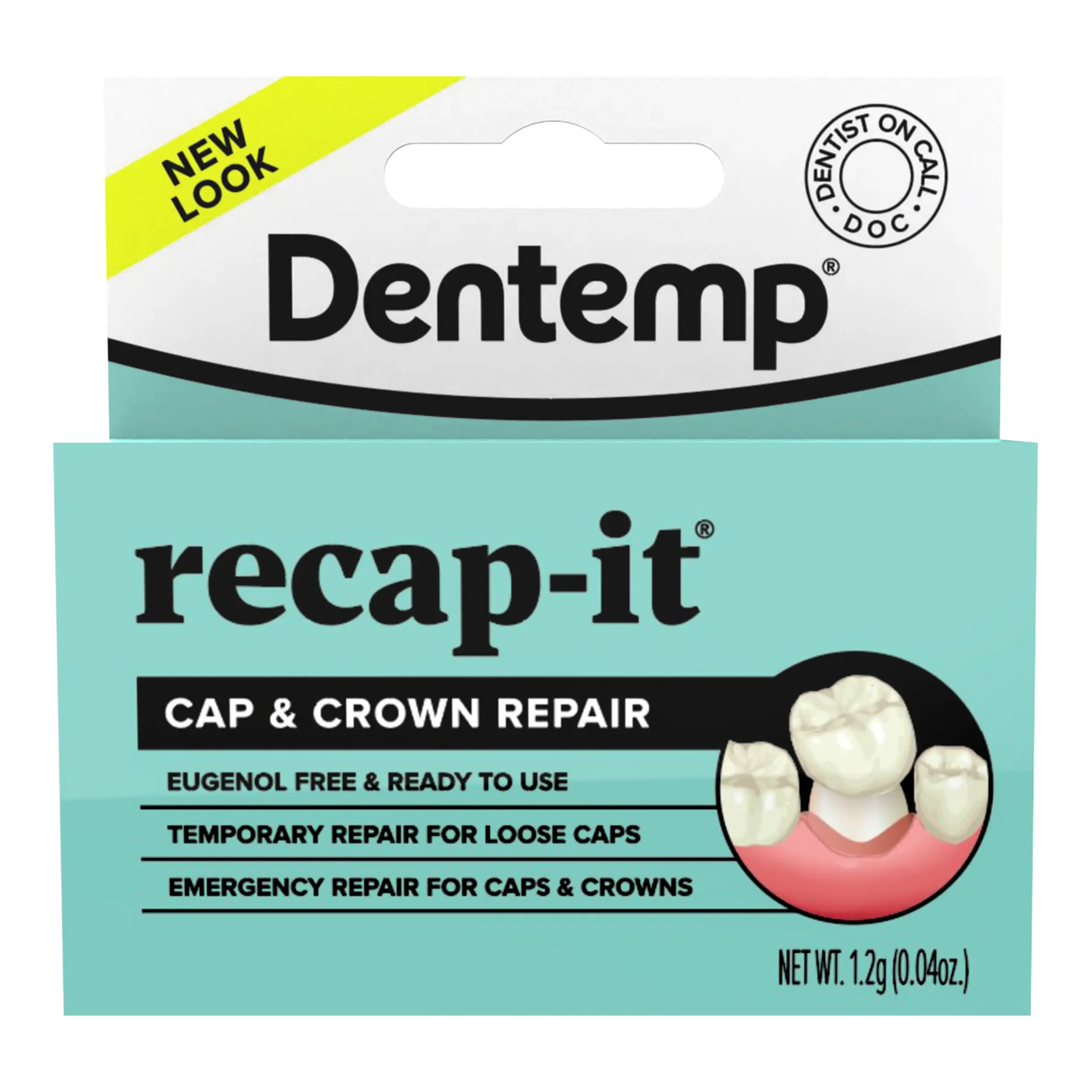 Dentemp Recap-It Cap & Crown Repair Fast-Acting Dental Cement for Loose Crowns Instant Pain Relief Eugenol-Free 0.04 oz 1.2 g Shapeable Denture Pellets Retainer Box