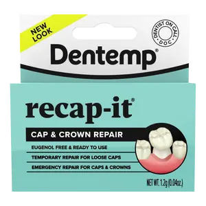 Dentemp Recap-It Cap & Crown Repair Fast-Acting Dental Cement for Loose Crowns Instant Pain Relief Eugenol-Free 0.04 oz 1.2 g Shapeable Denture Pellets Retainer Box