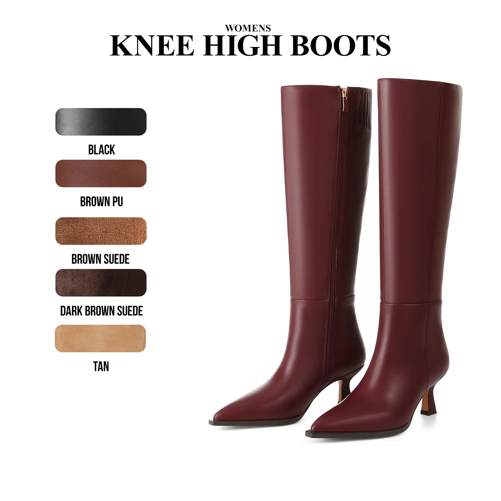 CYNLLIO Womens Knee High Boots Pointed Toe Kitten Heels Pull On Zipper Closure Wide Calf Tall Boot Comfy Party Outing Dating Holiday Dress Summer Fall Long Auggie Boots