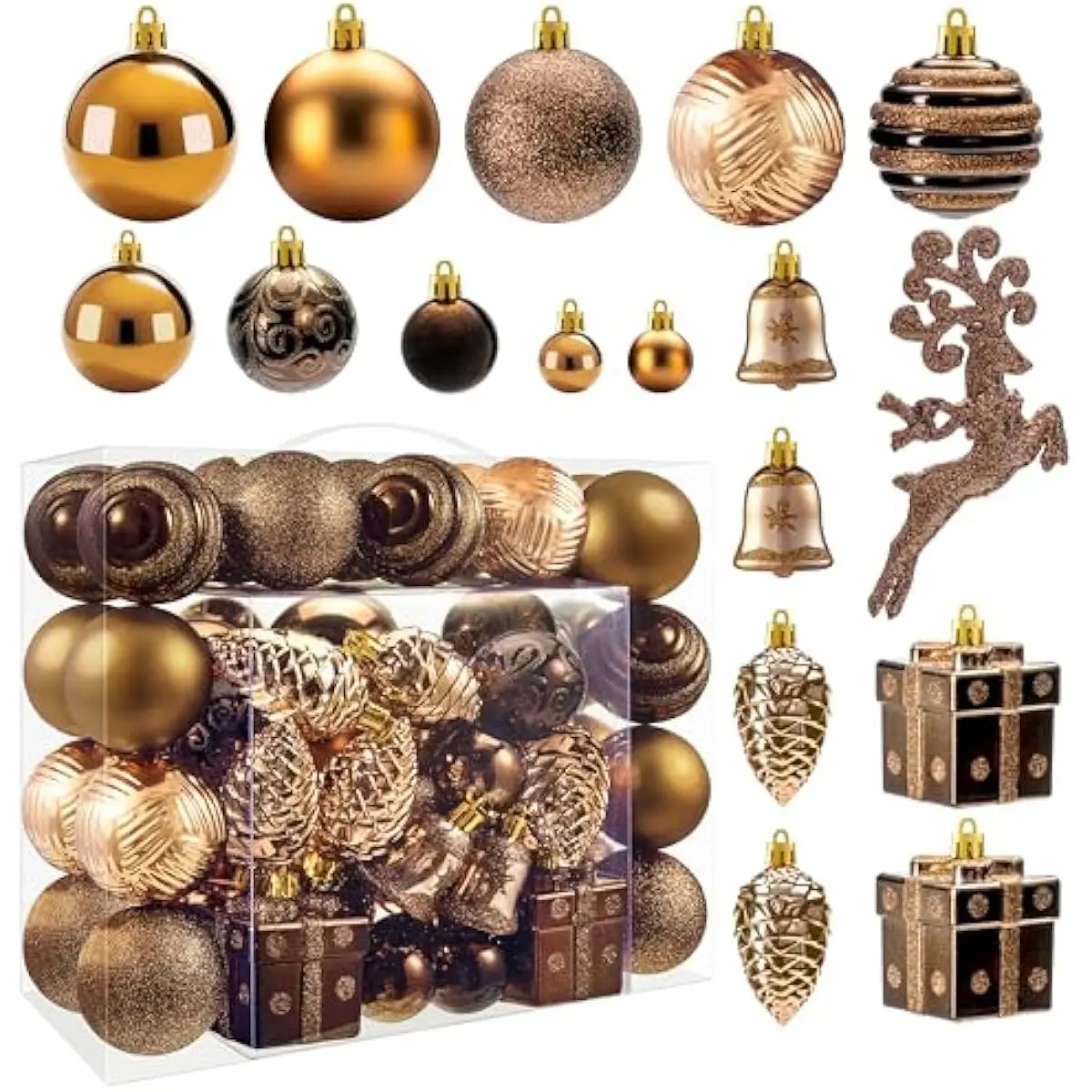 66 Pcs Christmas Balls Ornaments Set, Brown Shatterproof Plastic Christmas Tree Ornaments for Xmas Hanging Decoration, Holiday Party Decoration