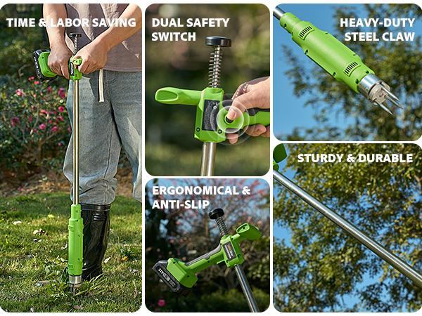 【Flash sale】Electric Weed Puller Tool 21V Battery Powered 2pcs 2000mAh, Heavy Duty 3-Claw Steel Root Weeder Stand-Up Remover Picker Grabber Popper, for Dandelion Lawn Garden Yard EWP001 [SummerVibes ]