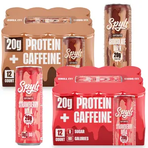Spylt High Protein Chocolate + Strawberry Milk Bundle | 60mg Caffeine, 20g Protein, 90 Calories | Ready to Drink, Sugar Free, Lactose Free Milk | Perfect for Workout Recovery & Afternoon Pick Me Up