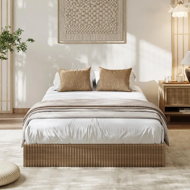 Twin Bed Frame, Wood Platform Bed with Fluted Design, Low Profile BedFrame, Minimalist Bed Base with Noise-Free, No Box Spring Needed, Walnut