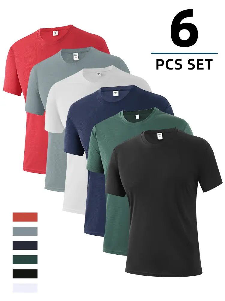Men's 6-Pack Fitted Short-Sleeve T-Shirts - 100% Polyester Mini Grid, Moisture-Wicking Dry-Fit, Crew Neck, Minimal Logo-Free, Lightweight, Sporty Chic, Standard Sizes, Weekend & All-Season Sports/Casual Wear (Do Not Dry Clean), Quick Dry, Dry-Fit Men's Sh
