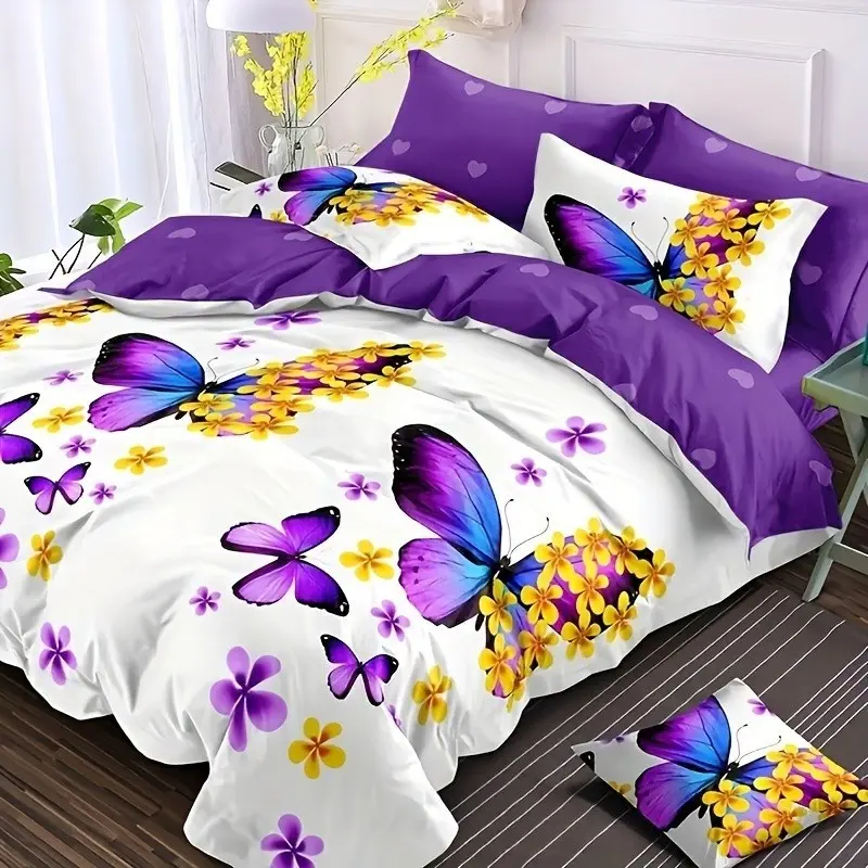 Spring Bedding Set 3-Piece, Fashionable Fresh Butterfly Design, Butterfly Pattern, Soft Comfortable Breathable, Includes 1 Fitted Sheet and 2 Pillowcases, Decorative Bedding Set, Theme Bedding Set, Breathable Duvet Set, Bedroom Bedding Set