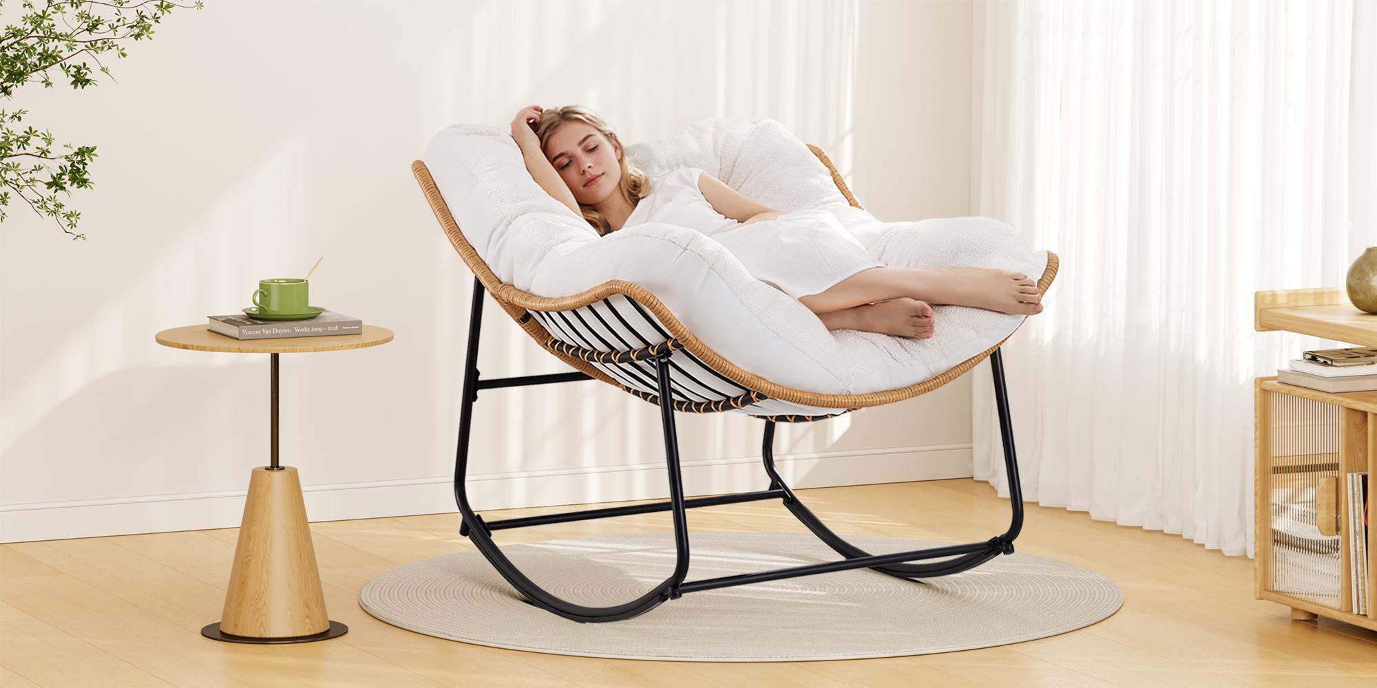 【SPOTLIGHT DAY】ONBRILL Outdoor Rocking Chairs, Oversized Papasan Rocking Chair Indoors with Padded Cushions, Rattan Wicker Lounge Chair for Living Room, Porch, Patio, Garden, Grey