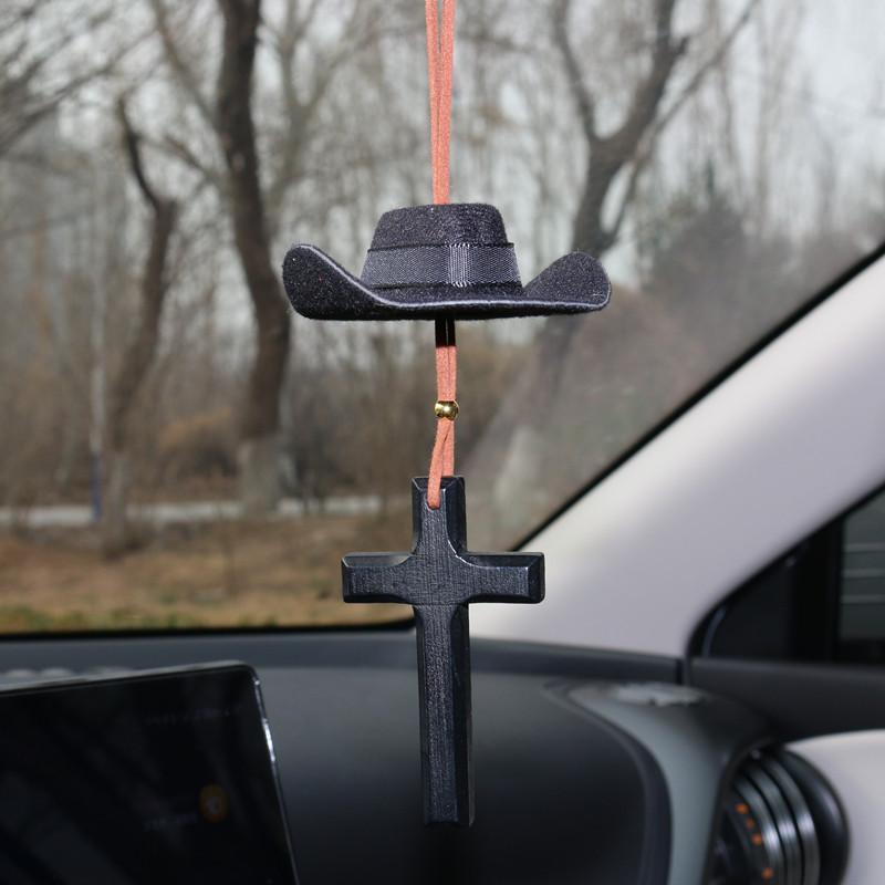Cross Cowboy Hat Car Ornament - Inspirational Western Themed Hanging Auto Accessory