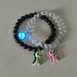 Glow-in-the-Dark Dinosaur & Heart Couple Bracelets - 2pcs Set, Fashionable Beaded Wristbands for Women