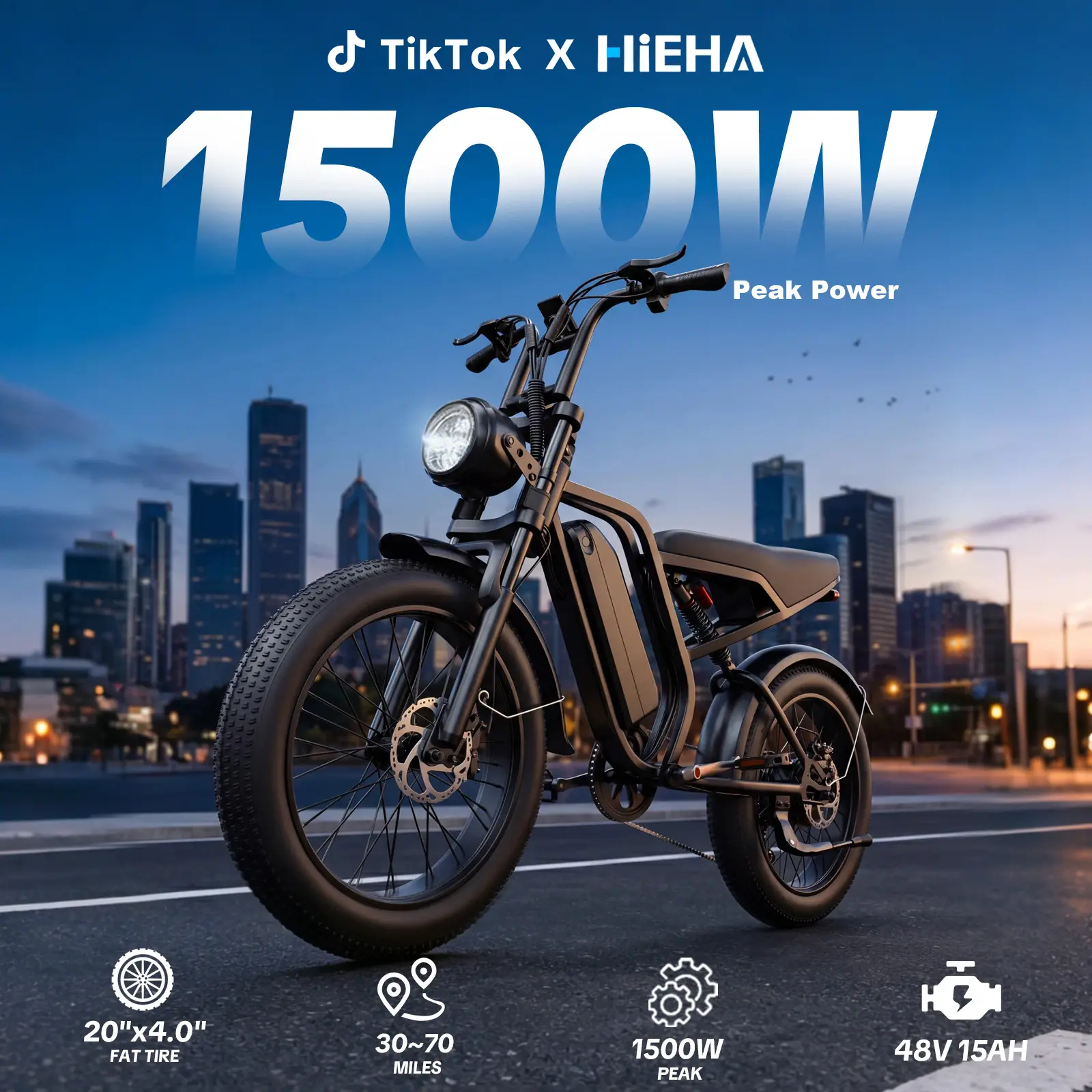 【HiEHA】1500W Peak Power Adult Electric Bike - 34MPH Max Speed, 30-70 Miles Range, Full Suspension, 20"×4.0" Fat Tires, 48V 15AH Removable Battery, All-Terrain, UL 2849 Certified - Commuter Energy-saving Ebike, Fast Charging,  TikTokShopBackToSchool