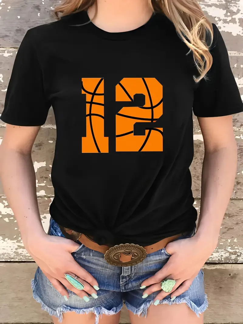 Women's Basketball-Print T-Shirt: Crew Neck Casual Top, Cotton SS Breathable, Exclusive for Basketball Fans, Daily Energetic, Machine-Washable