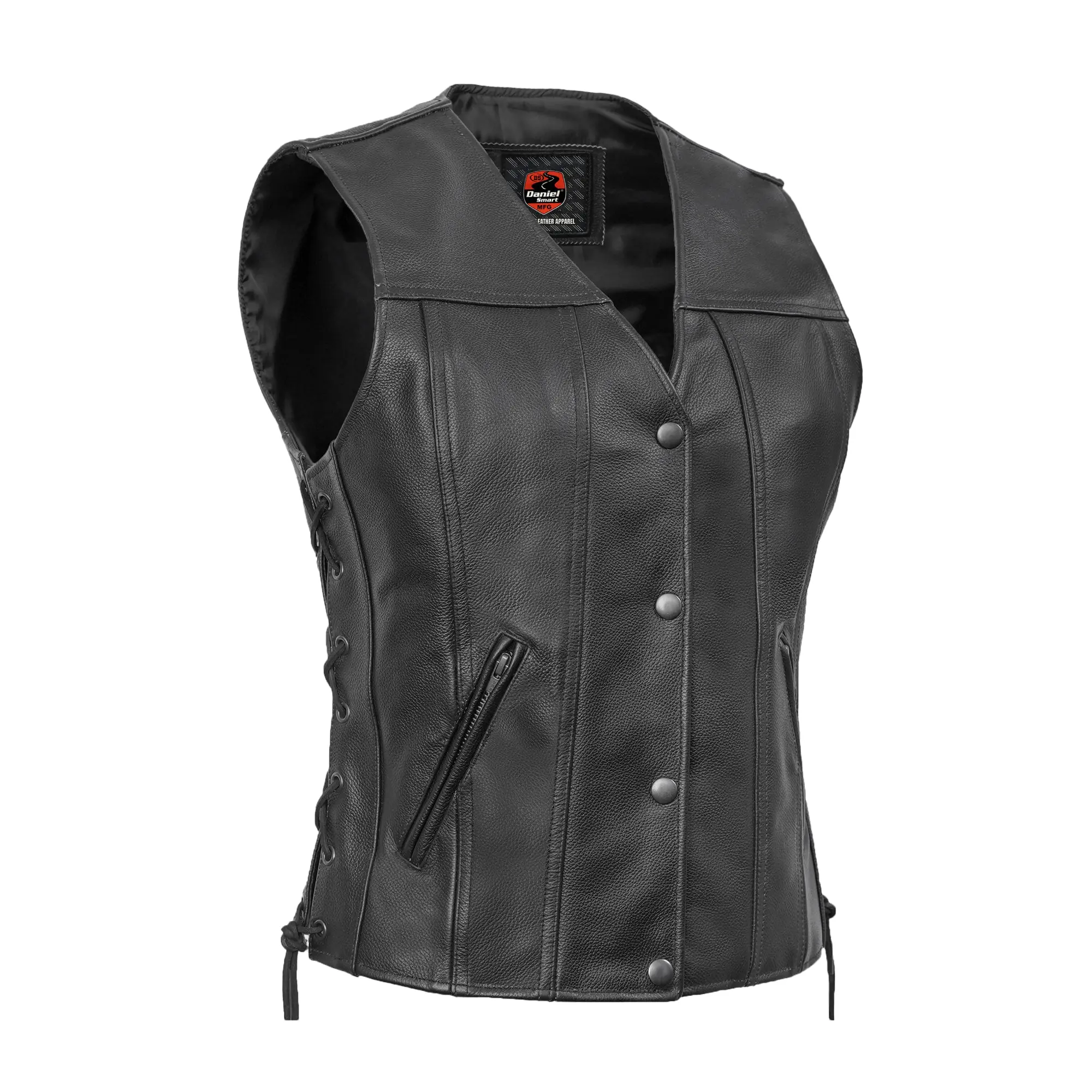 DANIEL SMART Swift Women's Vintage Leather Motorcycle Vest - Soft Premium Grade Milled Cowhide, V-Neck, Lace-Up Sides (MC-Side Laces), 4 Antique Snap Closure, Zippered Pockets, Reinforced Shoulder Support, XS-5XL Adjustable Biker Protective Gear