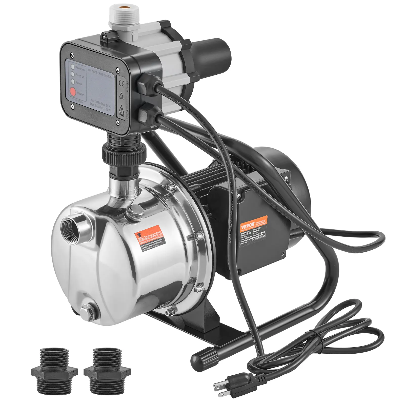 VEVOR Powerful 1HP 115V Stainless Steel Shallow Well Jet Pump with Automatic Controller, 1200 GPH, 164 ft Head Lift, 87 psi High Pressure, Portable Handle, Above-Ground Water Pump for Irrigation, Water Transfer, Excellent Performance, Liquid Transfer