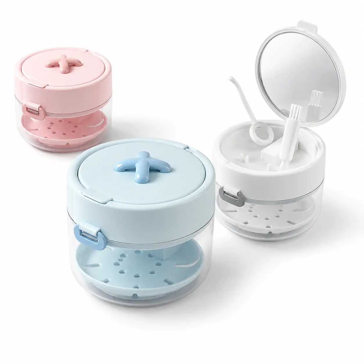 Retainer Case with Mirror, Cleaning Brush & Remover Tool, Portable Orthodontic Storage Box with Auto-Lifting Tray, Ventilated Drain Design for Clear Aligners, Wire Retainers, Dentures, Travel & Bathroom Use