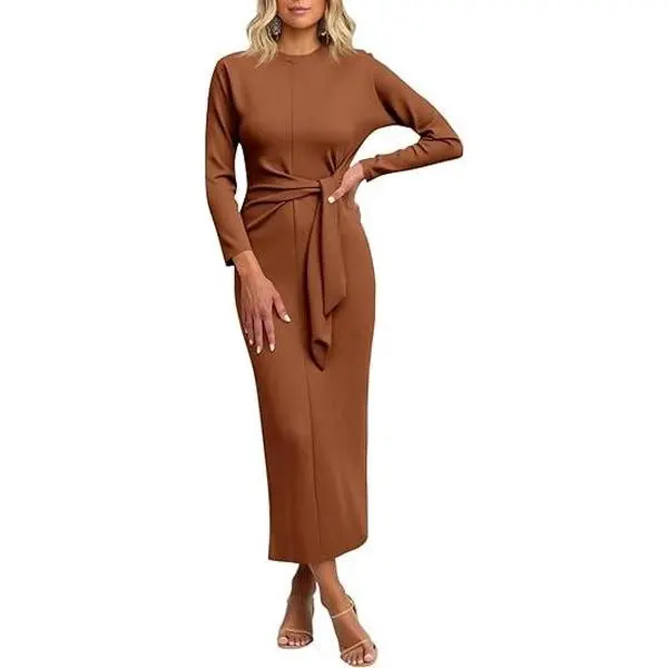 Cicy Bell Women’s Long Sleeve Maxi Dress Bodycon Tie Waist Fall Elegant Crew Neck Cocktail Party Dress