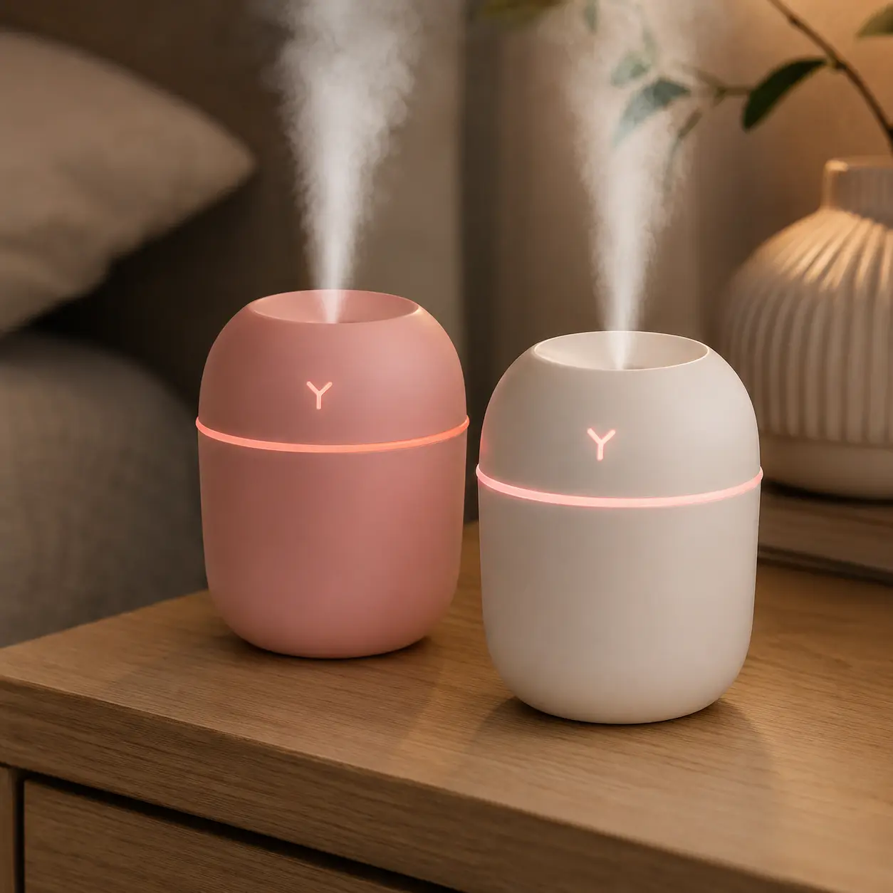220mL Mini Desktop Humidifier, USB Powered Cool Mist Humidifier with Colorful Light and 2 Mist Modes for Bedroom, Office and Bedside, Pink or White