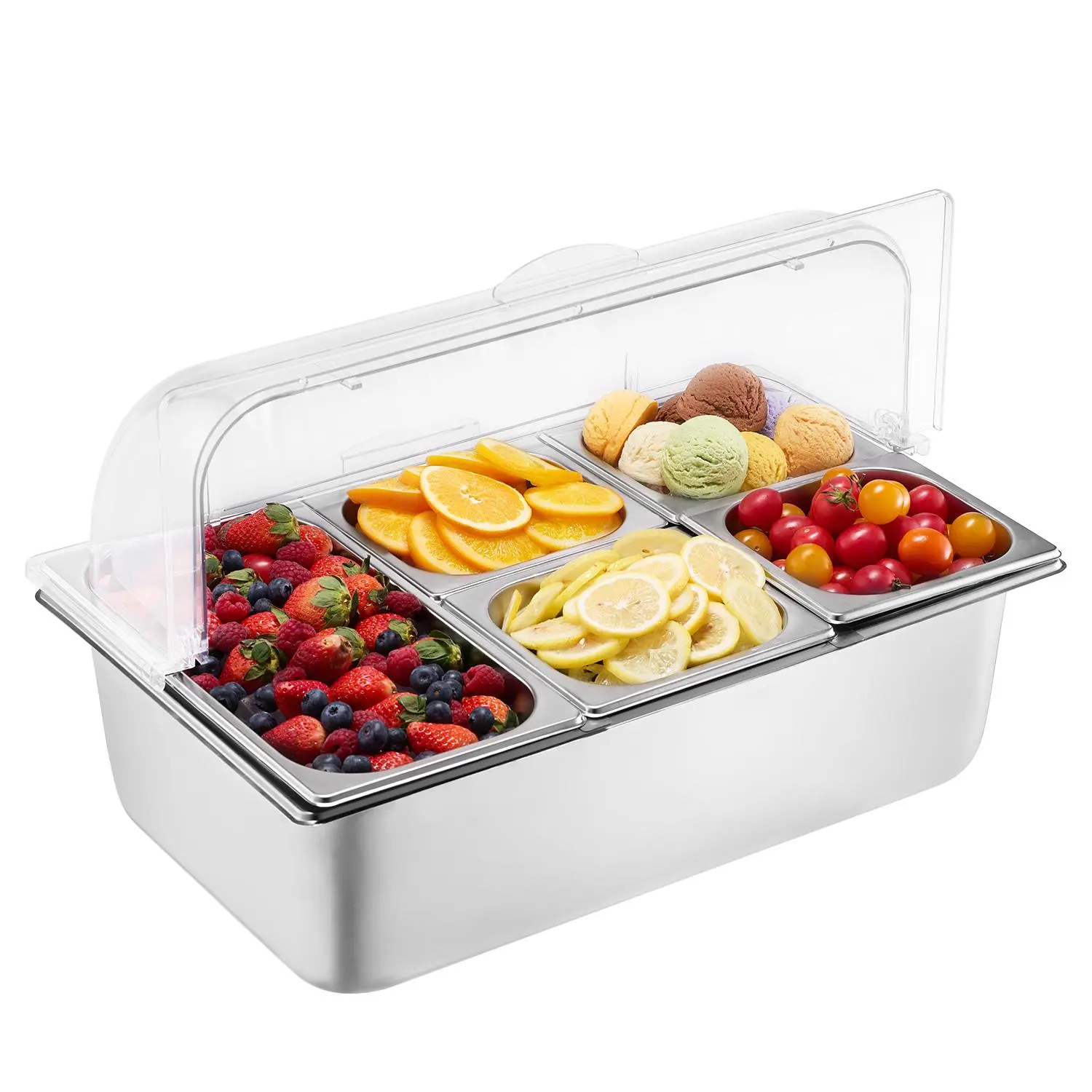 【Summerfinds】VEVOR Countertop Food Serving Display Container,  , 5 Pan Stainless Steel Food Serving Tray, Buffet Condiment Dispenser Display Rack with Clear Lid & 3 Freezer Boxes, for Restaurant Hotel Kitchen Party