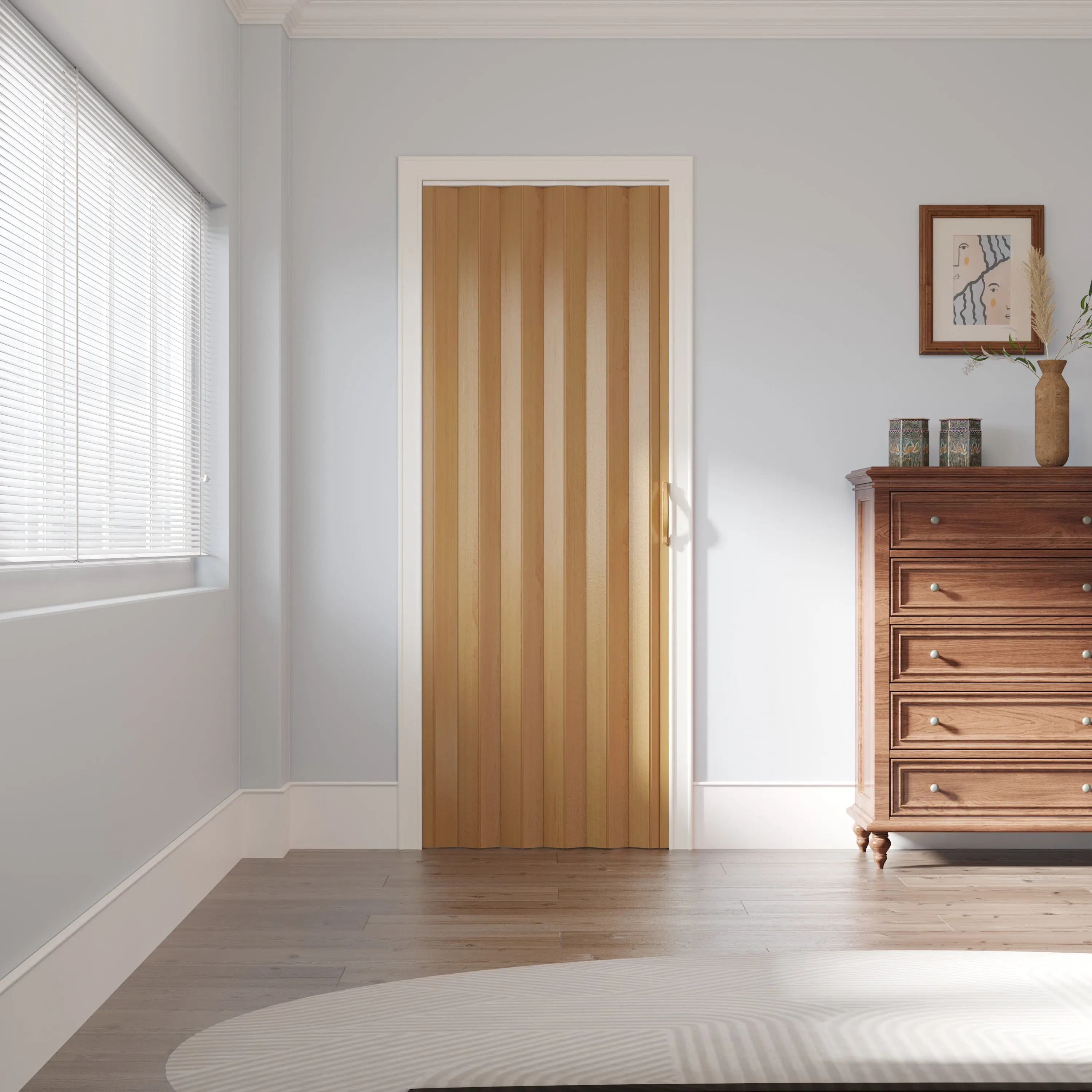 Ark Design Upgrade Dual Layer Trimmable Oak Vinyl Accordion Door with Handles and Magnetic Door Lock