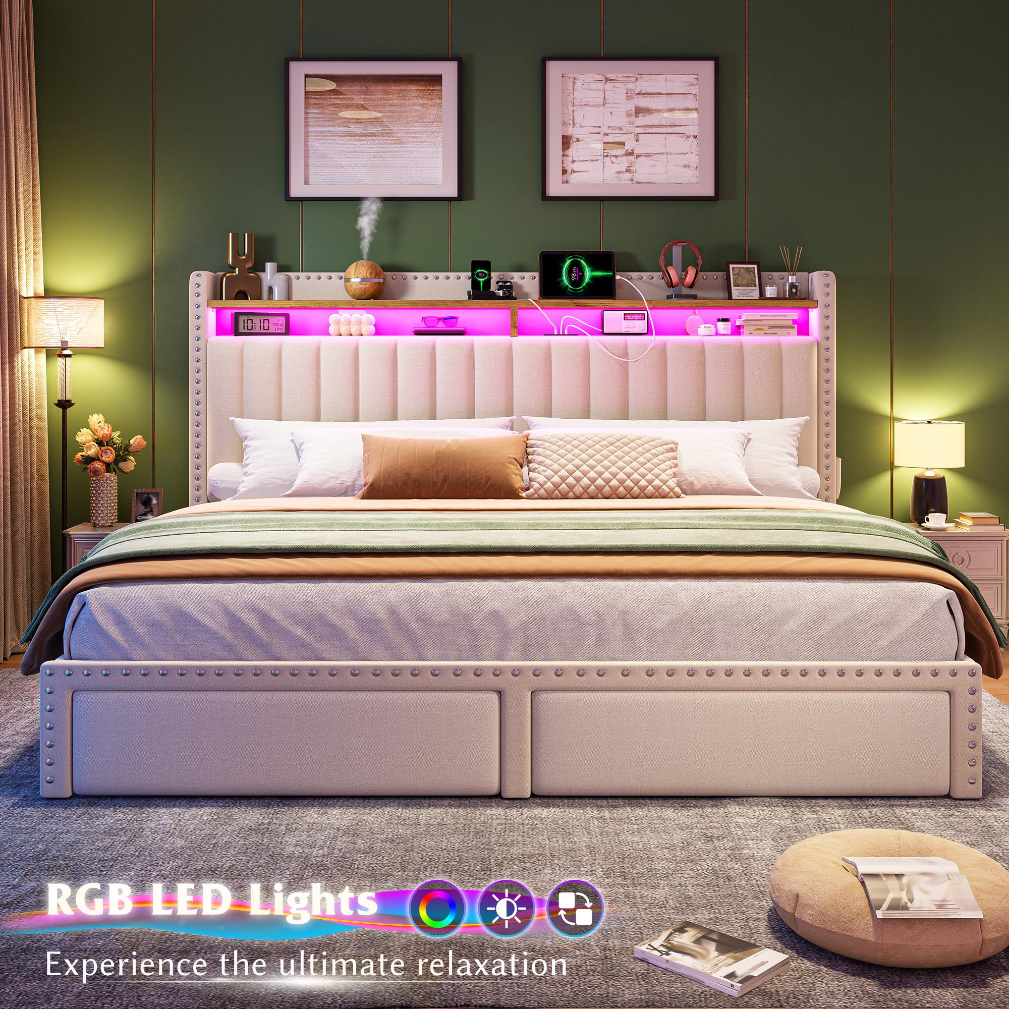 Raybe Furniture Upholstered Bed Frame with LED & Charging Station & 2 Drawers, MATTRESS NOT INCLUDED, Twin, Full, King, Queen Size Bed Frame with Headboard &Shelves, Holds 1000 LBS, No Noise