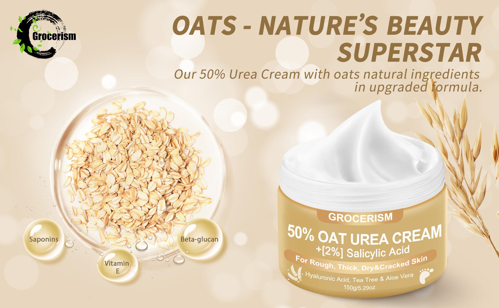 Grocerism 50% Urea Cream with Oat Extract for Sensitive Skin | Foot & Hand Cream with 2% Salicylic Acid, Hyaluronic Acid, Tea Tree & Aloe Vera，for Deep Hydration, Callus Removal, Beneficial for Cracked Heels and Hands 5.29 oz#TikTokShopHolidayHaul
