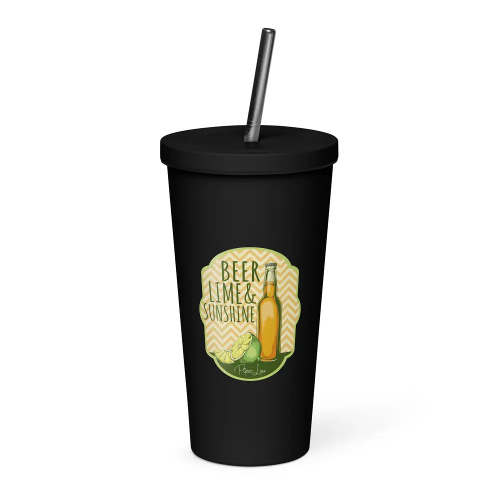 20oz (600ml, 500-1000ml Range) Insulated Stainless Steel Flask Tumbler for Adults - Beer, Lime & Sunshine Printed, with Lid + Straw, Flasks