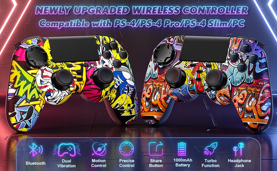 2 Pack Wireless PS4 Controller with Turbo Function Compatible with PlayStation 4/PS4 Slim/PS4 Pro/PC Windows Accessories Android PS4 Six-Axis Sensor Dual Vibration Motors 1000mAh Battery - Gaming Set