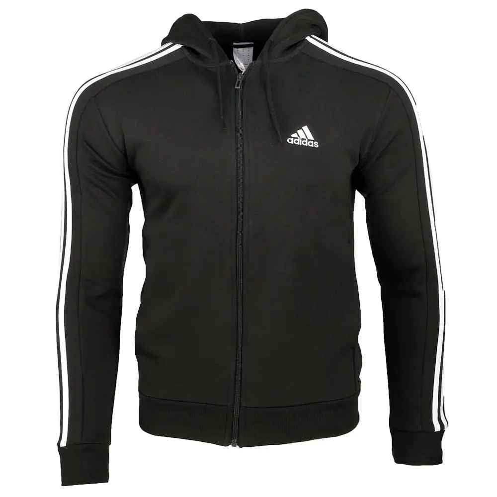 adidas Mens Essentials Fleece 3-Stripes Full-Zip Hoodie Training Casual Outerwear Casual Pockets - Black