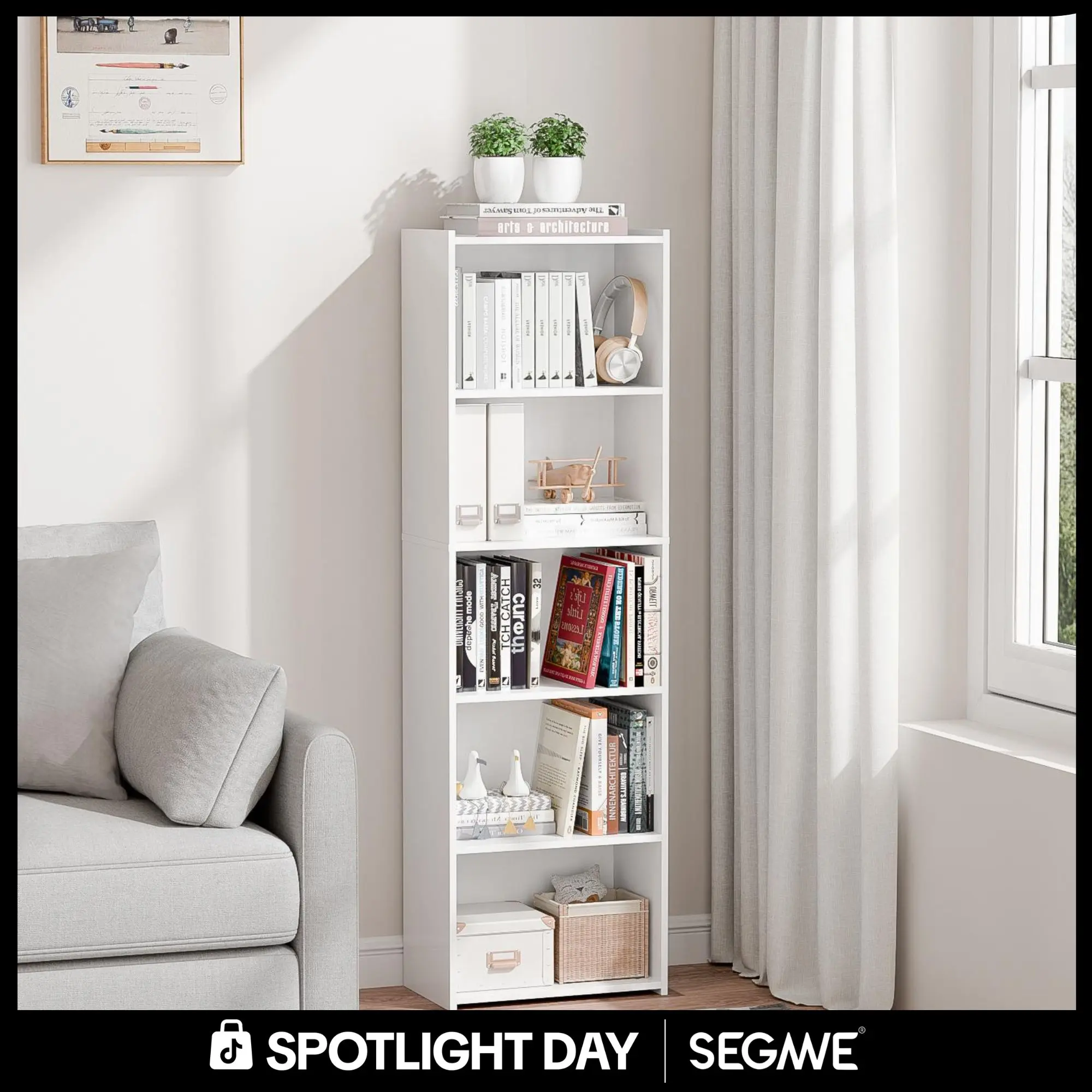 Segawe Modern Aesthetic 5-Tier Narrow MDF Bookshelf - Scratch Resistant Vertical Storage Solution, Fits Tight Spaces, Display Storage Living Room Furniture, Apartment Home Organizer (15.8"x9.5"x52"), Dorm Decor