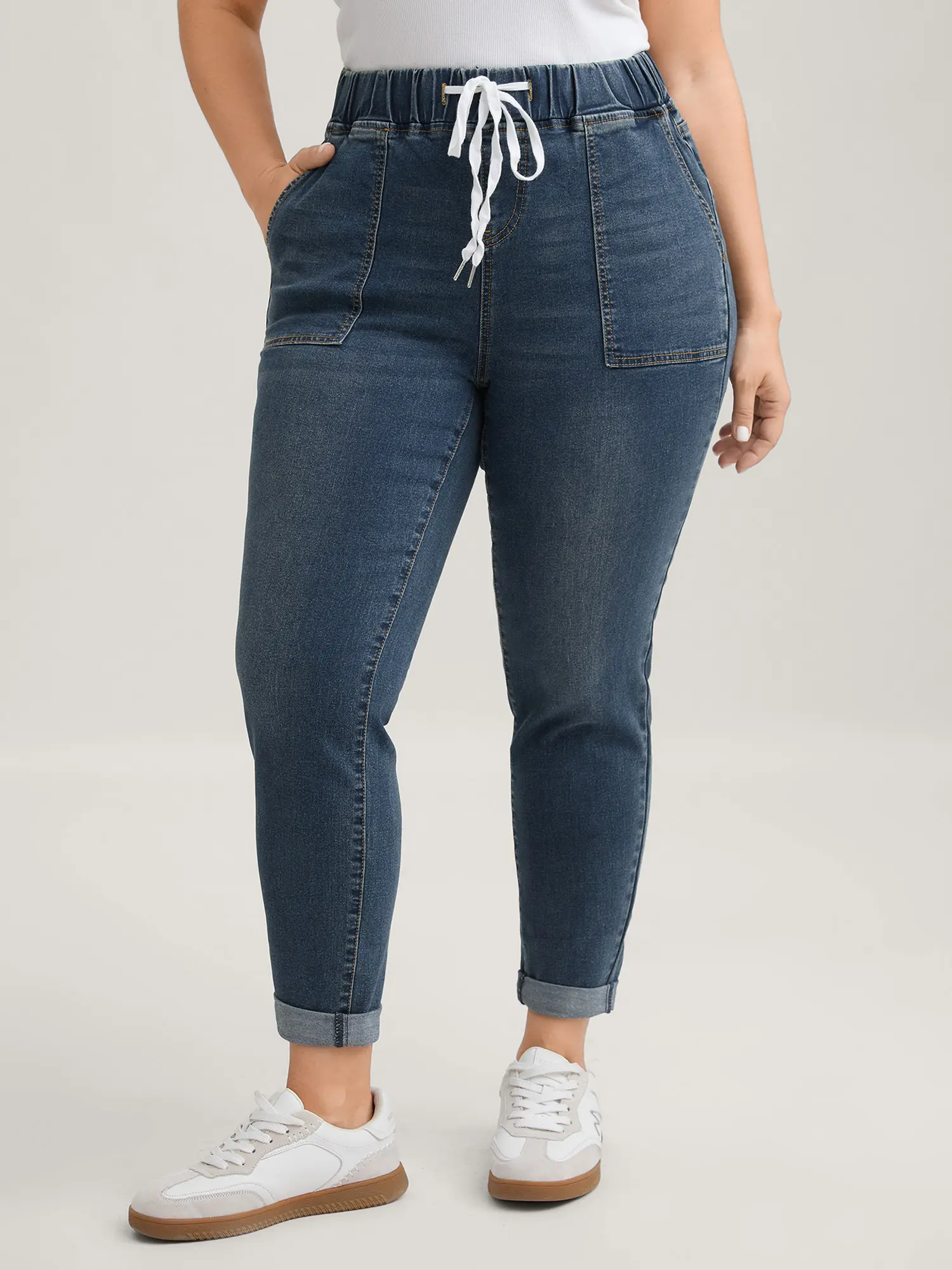 BloomChic Women's Plus Size [M-6X] Cotton Denim Jeans - High Waisted Elastic Drawstring,Dark Blue, Skinny Fit, Drawstring Elastic Waist, Roll Hem, Above Ankle Length, Slanted Pockets, Bottom Womenswear,Summerfinds,back to school shopping