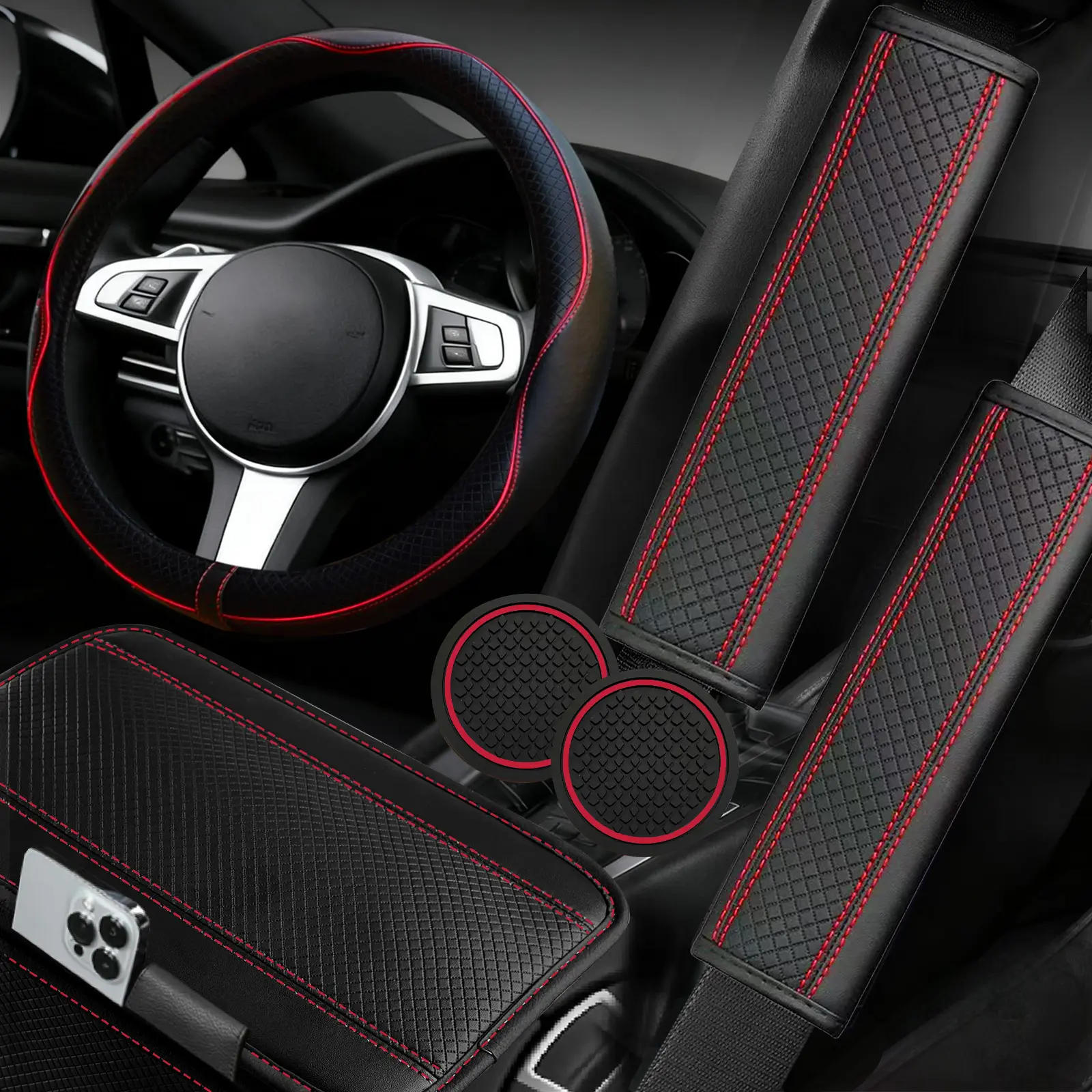 NBTEPEM  6 PCS Car Steering Wheel Cover Set, Microfiber Leather Steering Wheel Covers Universal 14.5-15 inch, Center Console Cover, Seat Belt Cushion, Cup Holder Coaster, Car Accessories Set