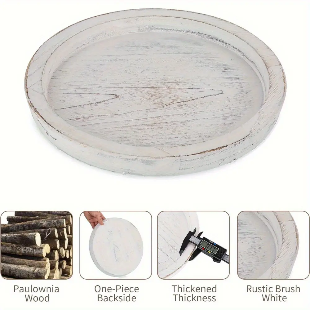 Waterproof Round Wooden Serving Tray - Farmhouse Decorative Tableware, Easy-Clean for Kitchen Counters, Coffee Table Centerpieces