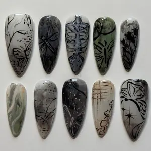 Handmade Gothic Nature Press On Nails | Skeleton, Butterflies & Forest Silhouettes In Greyscale | Almond Nails For Moody Art Vibe